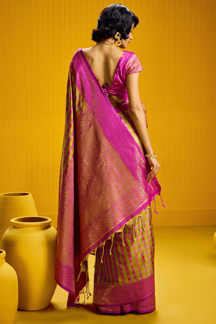 Bee Yellow Two tone Checks Banarasi Silk Saree