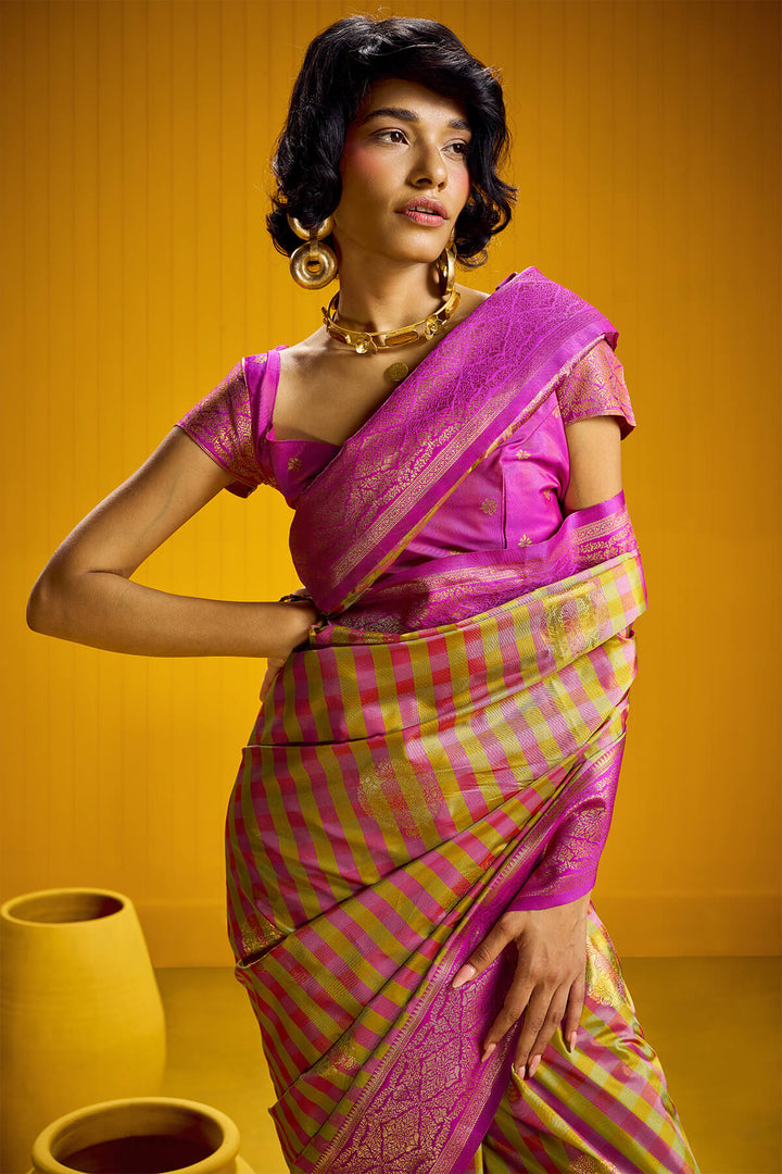 Bee Yellow Two tone Checks Banarasi Silk Saree