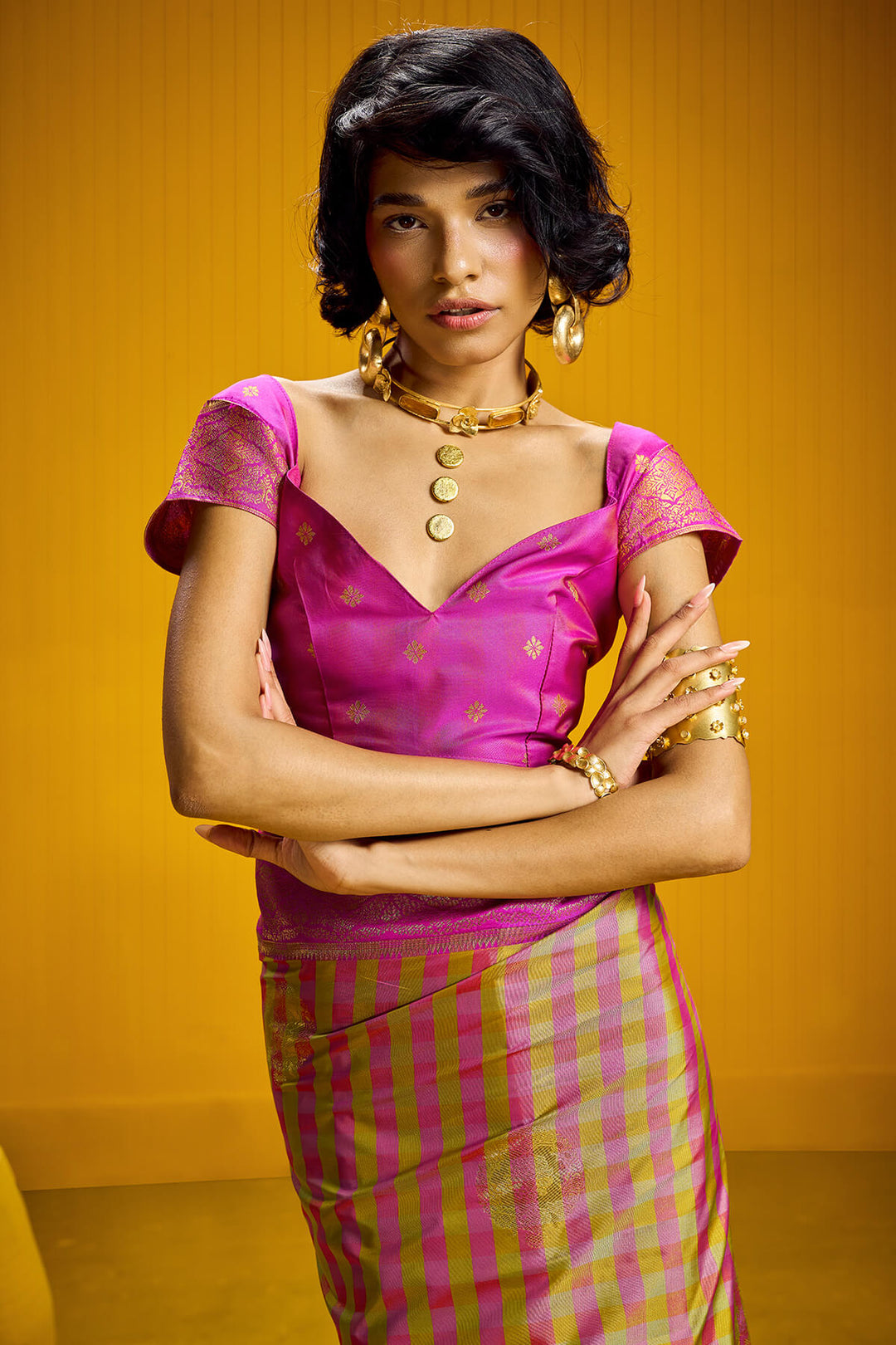 Bee Yellow Two tone Checks Banarasi Silk Saree
