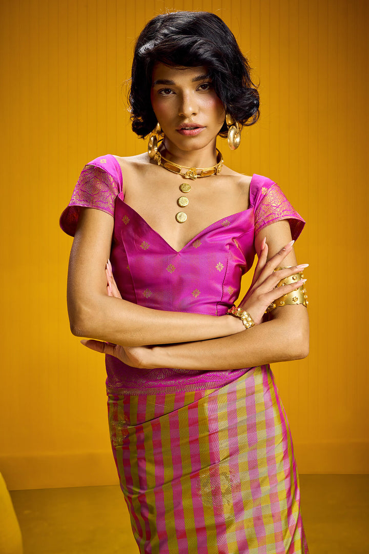 Bee Yellow Two tone Checks Banarasi Silk Saree