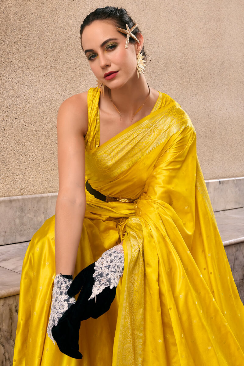 Bee Yellow Zari Woven Banarasi Satin Silk Saree