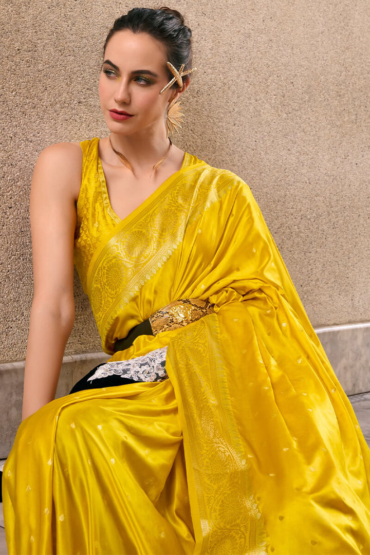 Bee Yellow Zari Woven Banarasi Satin Silk Saree