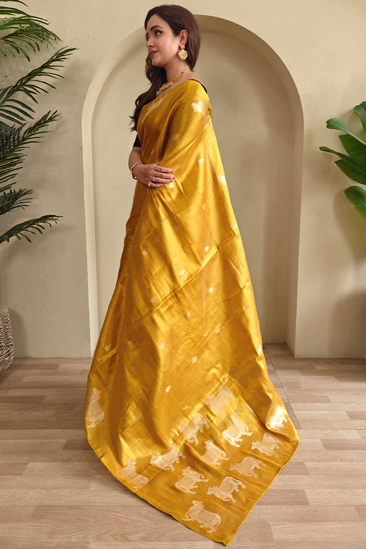 Bee Yellow Zari woven Banarasi Tissue Silk Saree