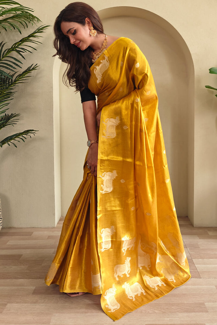 Bee Yellow Zari woven Banarasi Tissue Silk Saree