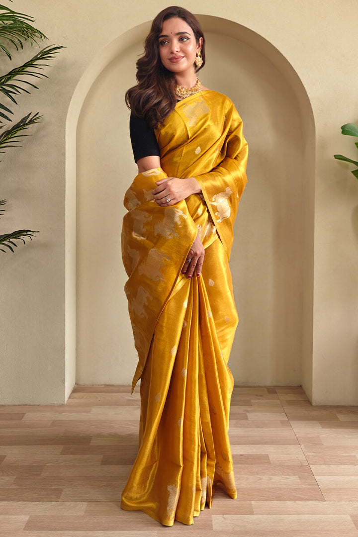 Bee Yellow Zari woven Banarasi Tissue Silk Saree