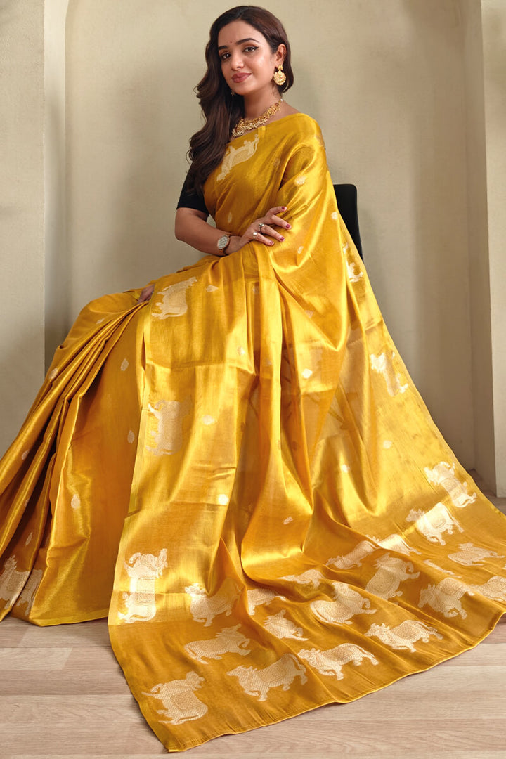 Bee Yellow Zari woven Banarasi Tissue Silk Saree