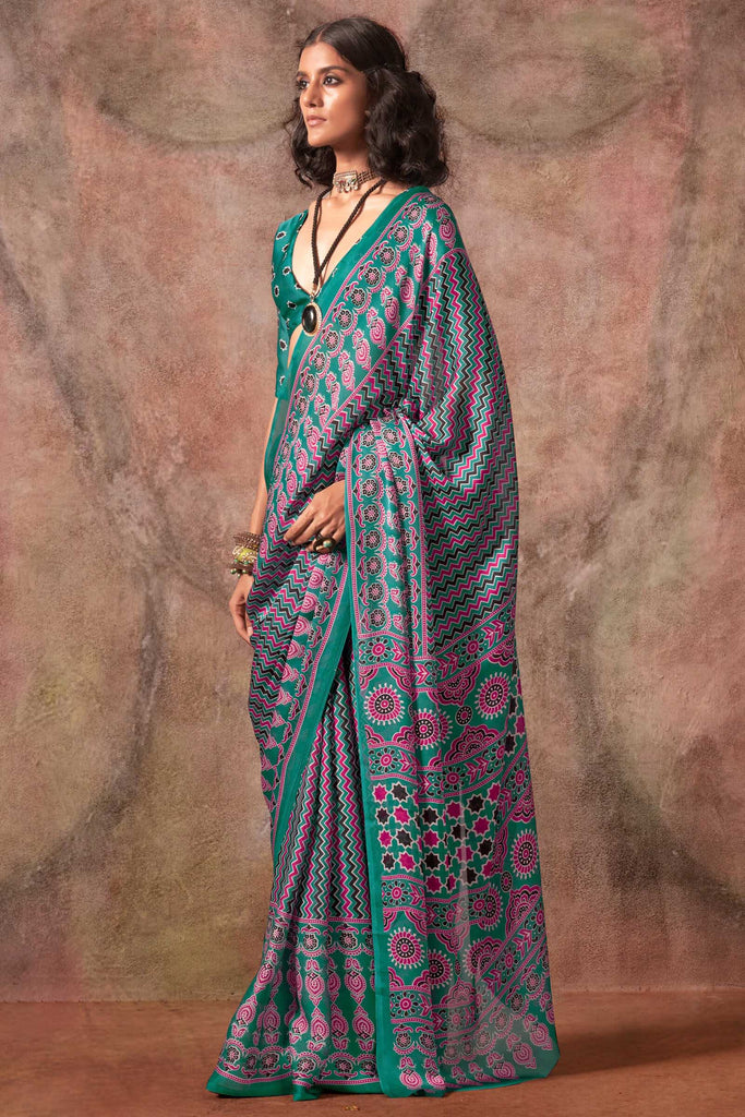Beetle Green Ajarkh Printed Satin Georgette Silk Saree