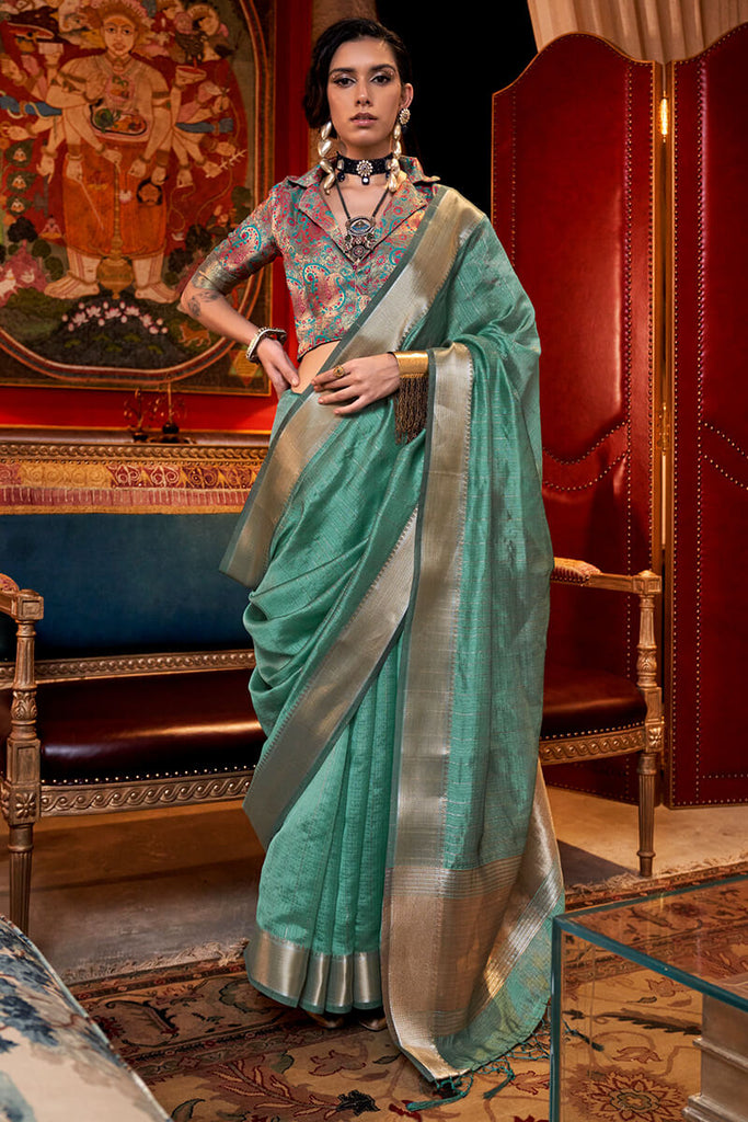 Beetle Green Hand Woven Moss Chiffon Silk Saree