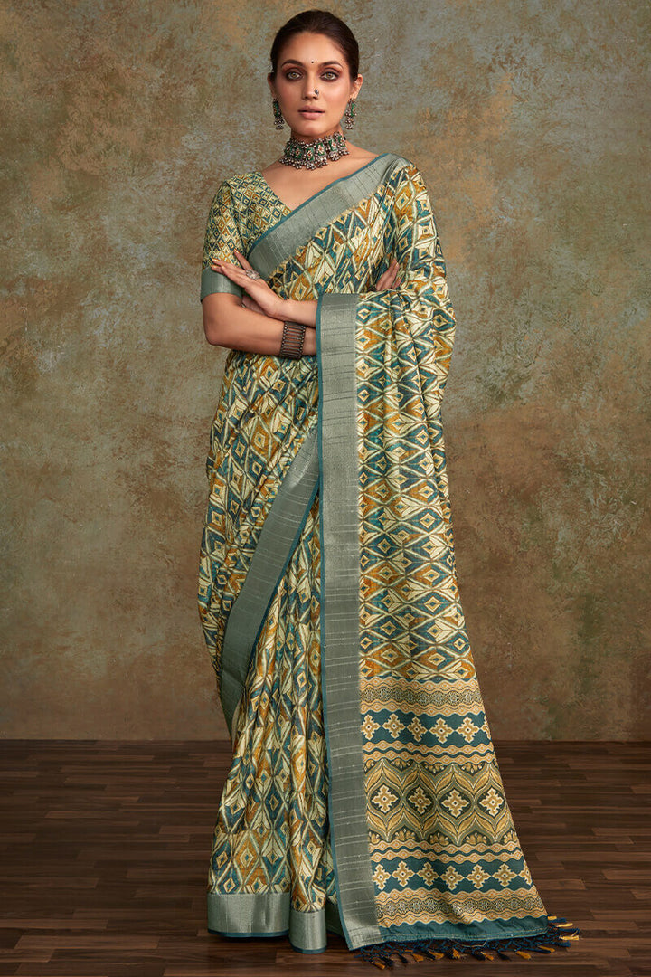 Beetle Green Printed with Sequence Soft Silk Saree