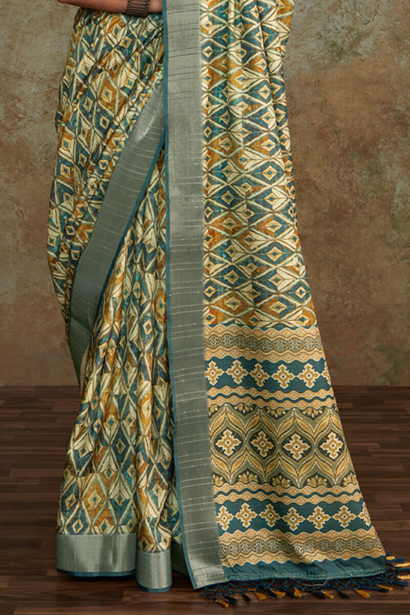 Beetle Green Printed with Sequence Soft Silk Saree