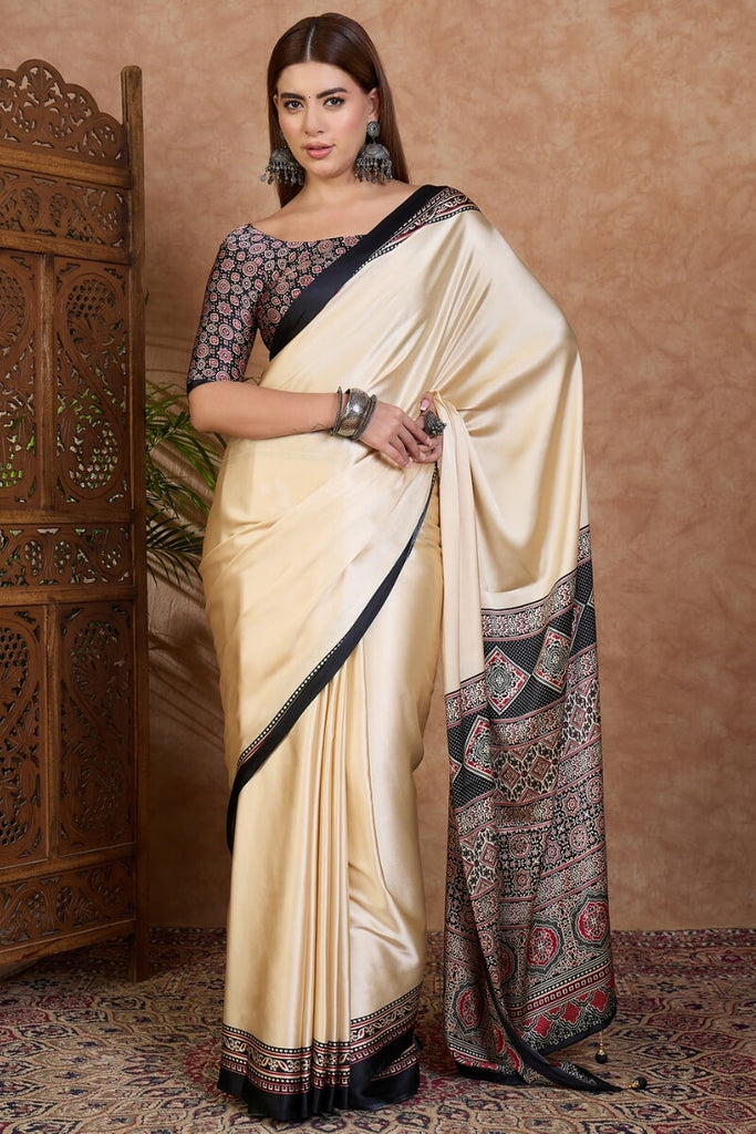 Beige and Black Ajrakh Printed Satin Silk Saree