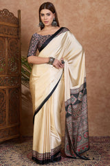 Beige and Black Ajrakh Printed Satin Silk Saree
