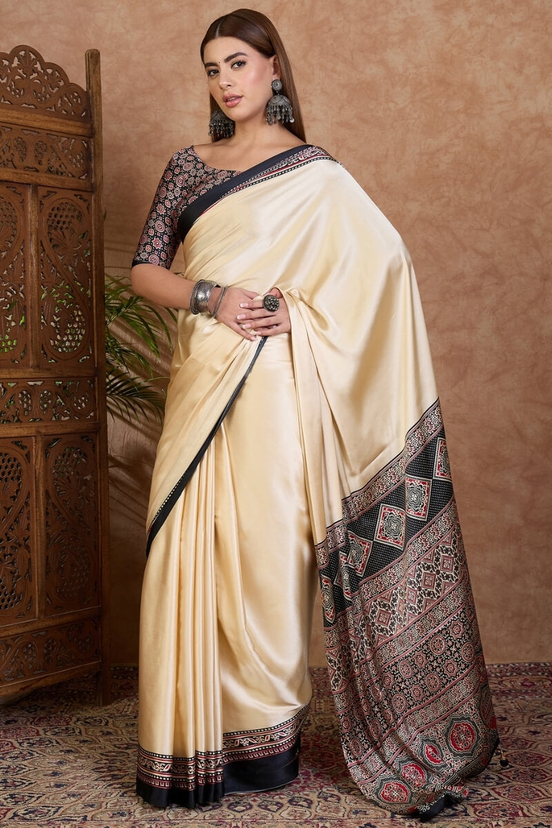 Beige and Black Ajrakh Printed Satin Silk Saree
