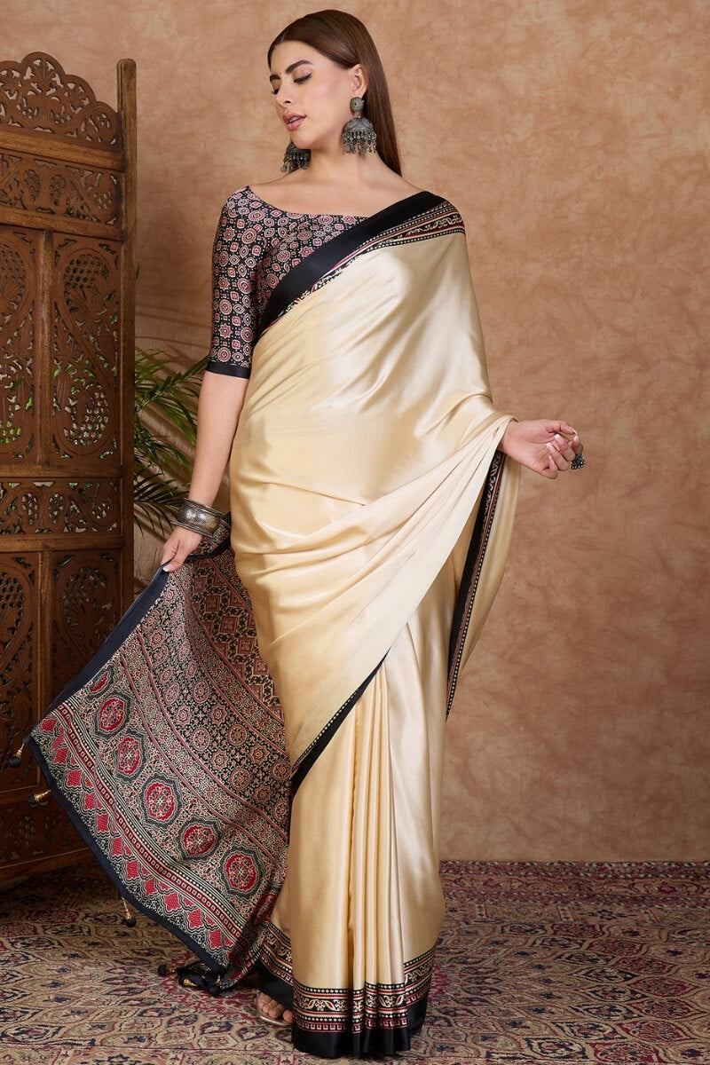 Beige and Black Ajrakh Printed Satin Silk Saree