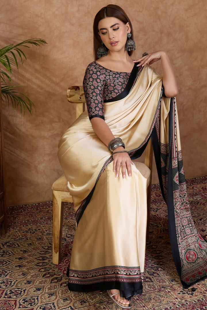 Beige and Black Ajrakh Printed Satin Silk Saree