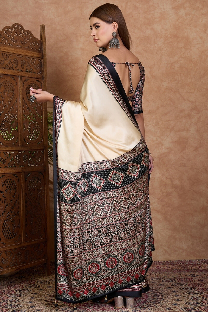 Beige and Black Ajrakh Printed Satin Silk Saree