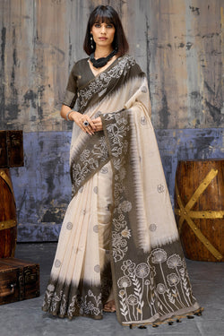 Beige and Black Handloom Munga cotton Silk Saree