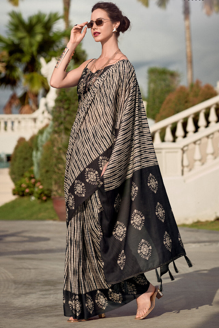 Beige and Black Printed Mul cotton Saree