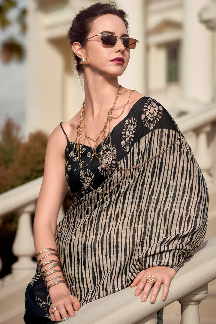 Beige and Black Printed Mul cotton Saree