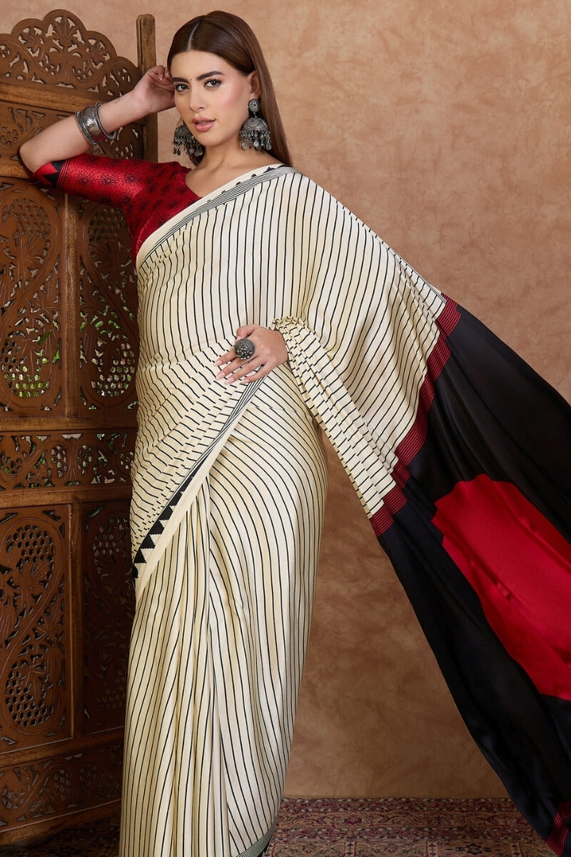 Beige and Black Stripe Ajrakh Printed Satin Silk Saree