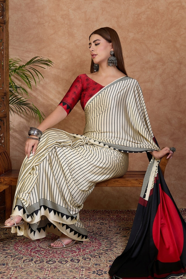 Beige and Black Stripe Ajrakh Printed Satin Silk Saree