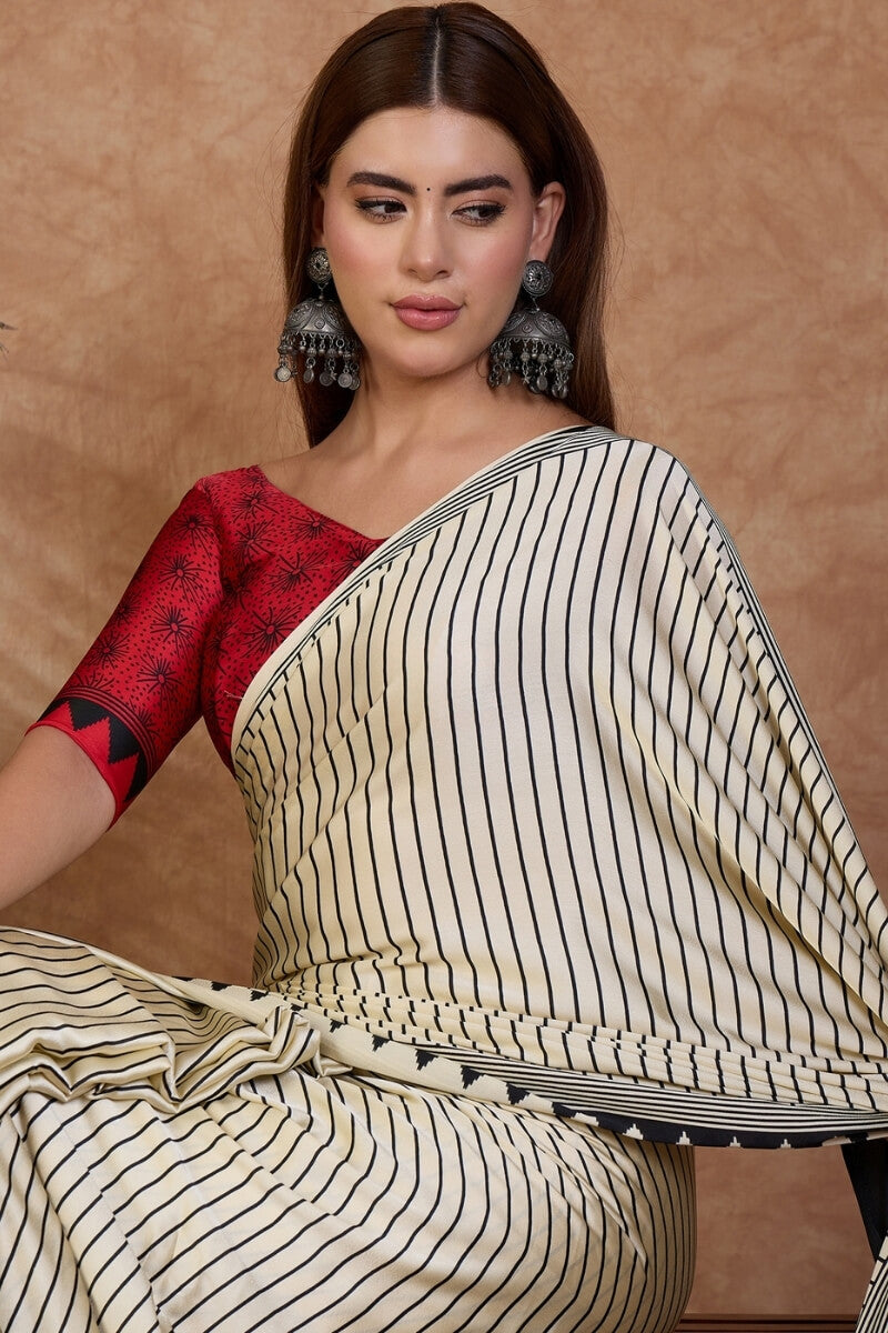 Beige and Black Stripe Ajrakh Printed Satin Silk Saree