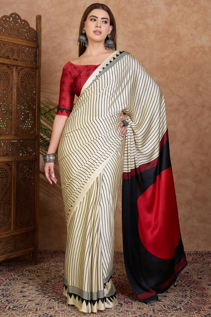 Beige and Black Stripe Ajrakh Printed Satin Silk Saree