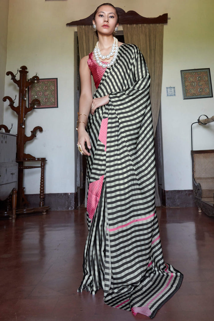 Beige and Black Stripe Printed Satin silk Saree