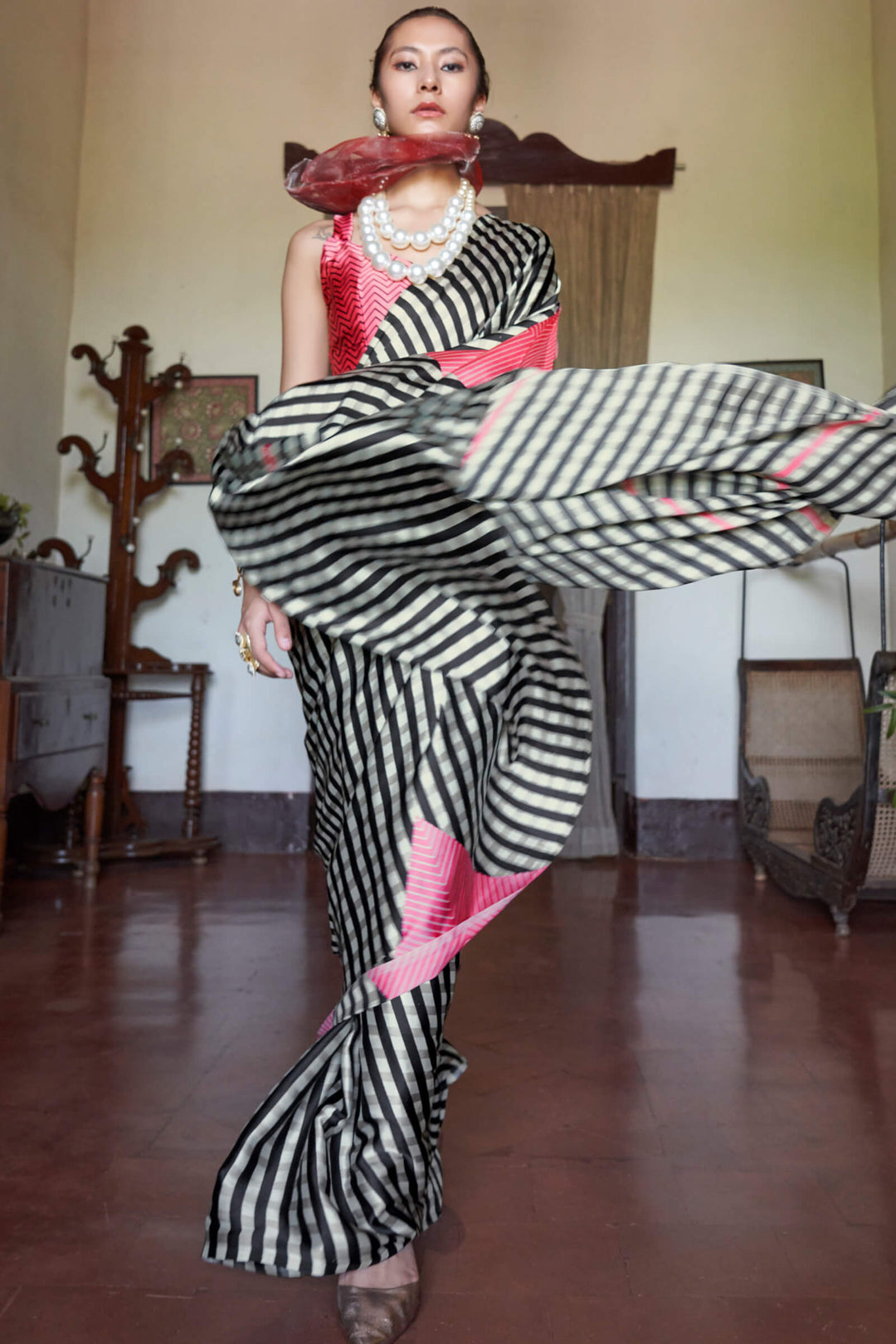 Beige and Black Stripe Printed Satin silk Saree