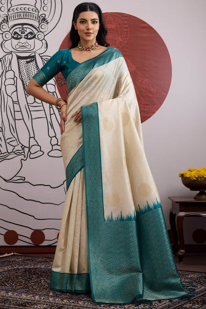 Beige and Blue Banarasi Paper Silk Saree
