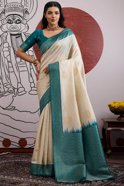 Beige and Blue Banarasi Paper Silk Saree