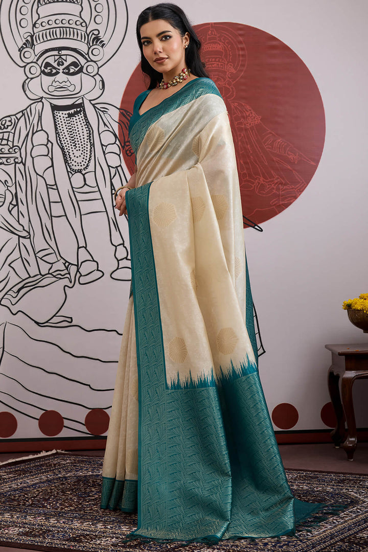 Beige and Blue Banarasi Paper Silk Saree