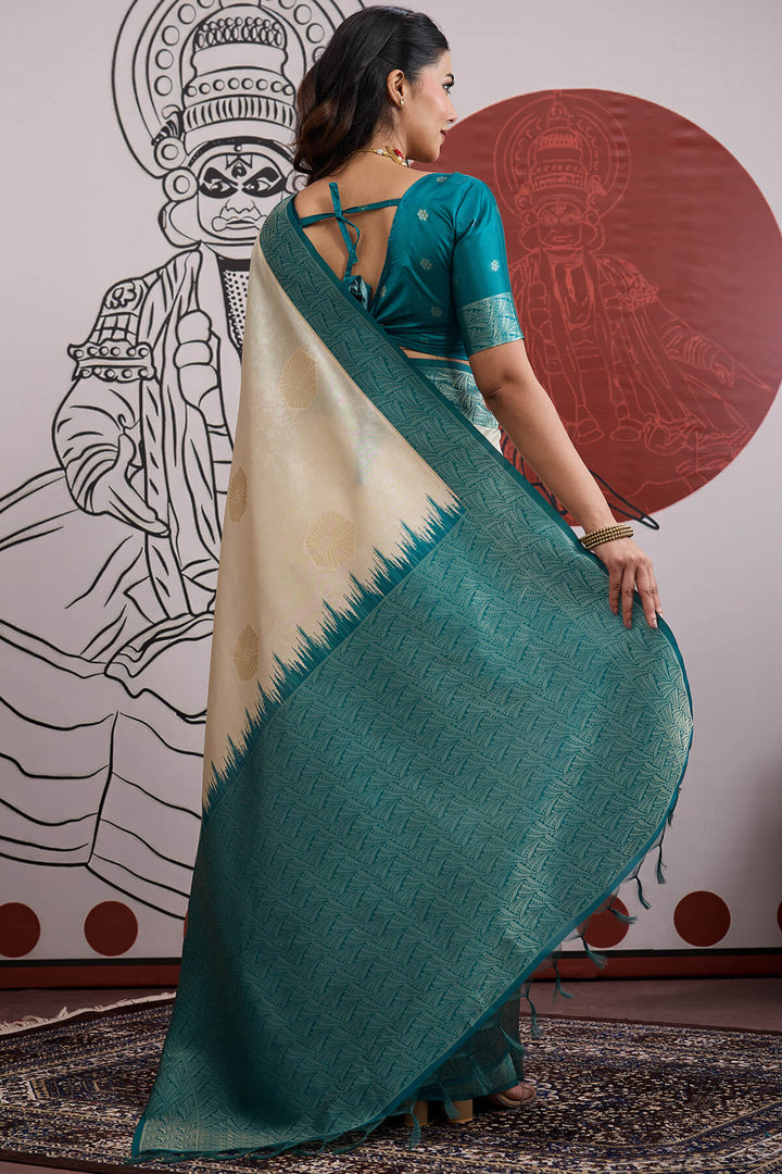 Beige and Blue Banarasi Paper Silk Saree
