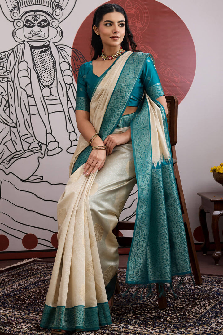 Beige and Blue Banarasi Paper Silk Saree