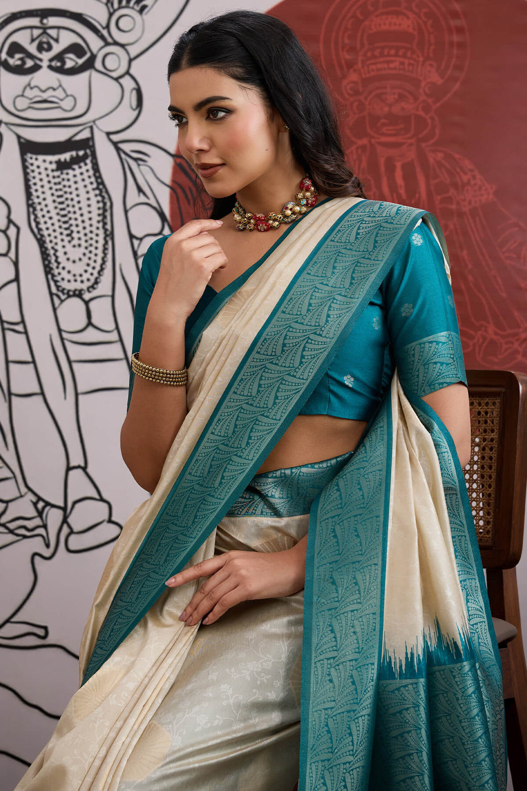 Beige and Blue Banarasi Paper Silk Saree