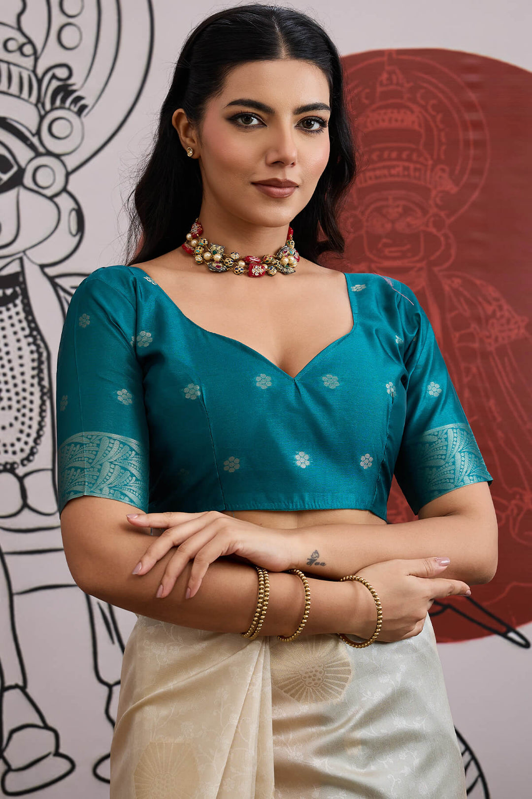 Beige and Blue Banarasi Paper Silk Saree