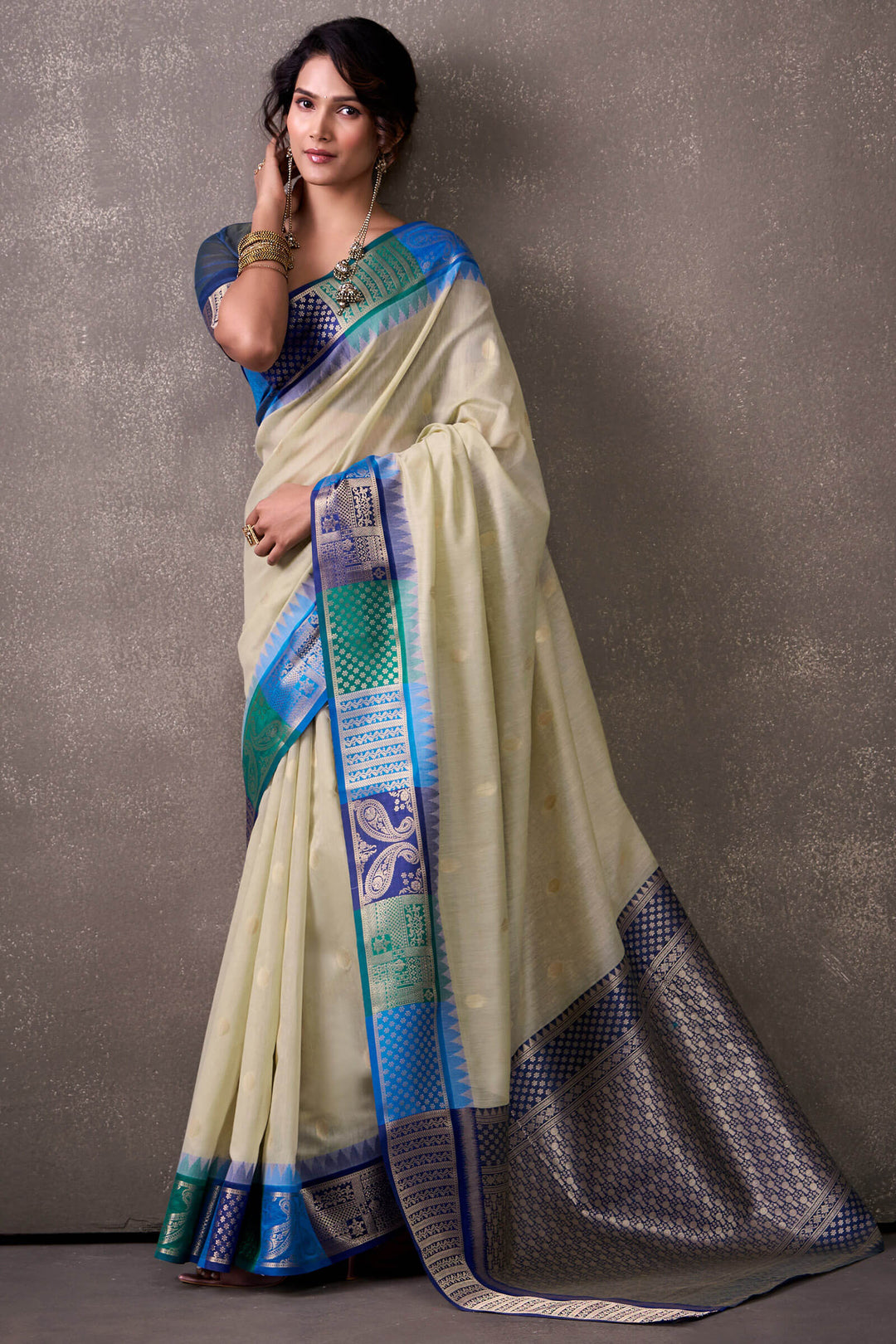 Beige and Blue Cotton Modal Silk Saree
