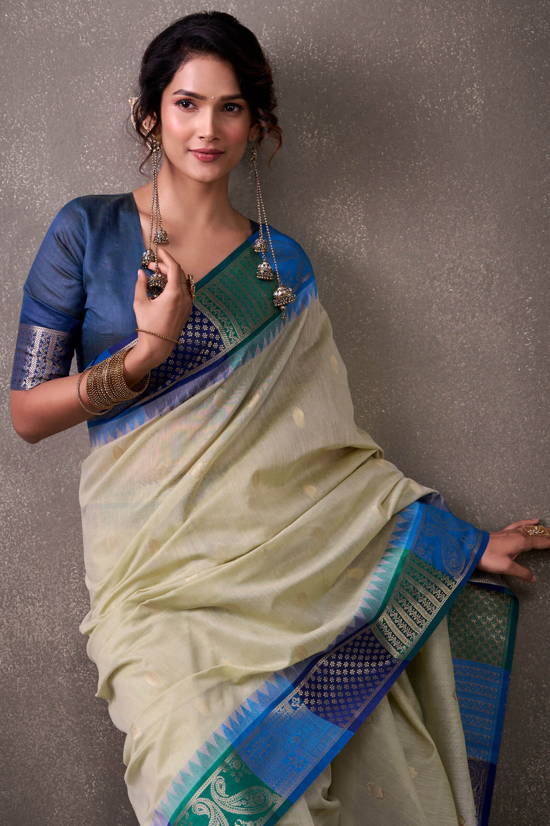 Beige and Blue Cotton Modal Silk Saree
