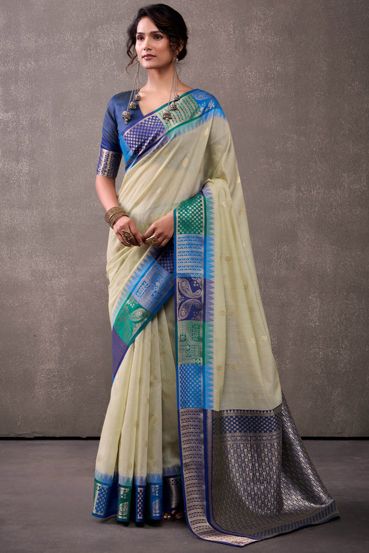 Beige and Blue Cotton Modal Silk Saree