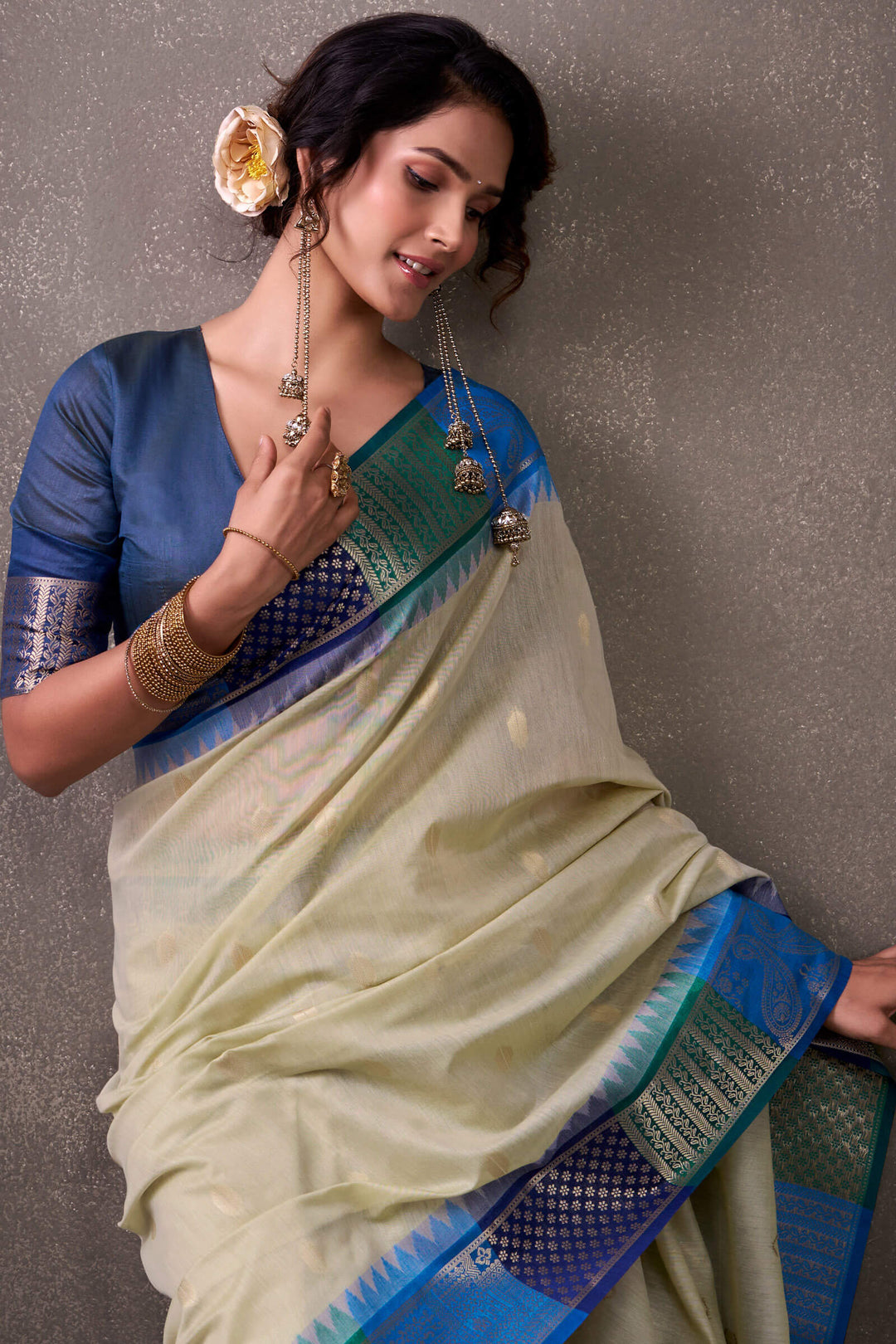 Beige and Blue Cotton Modal Silk Saree