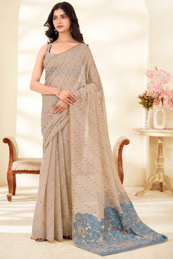 Beige and Blue Cotton Silk Saree