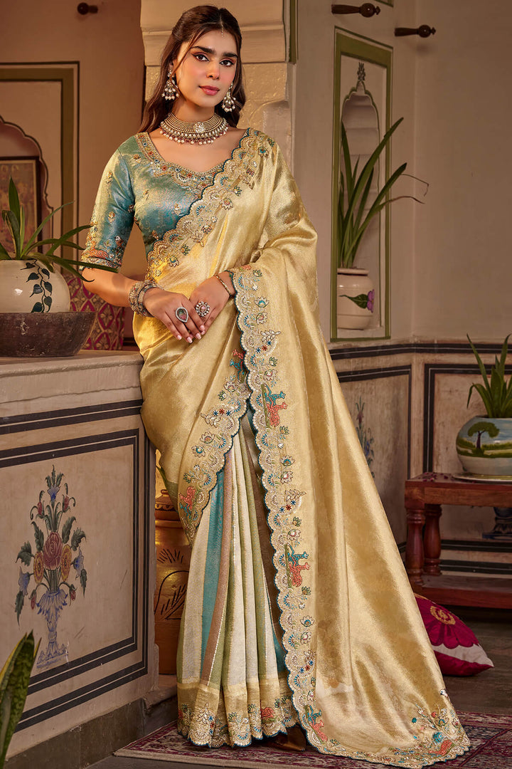 Beige and Blue Hand Work Viscose Saree with Stiched Blouse