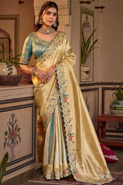 Beige and Blue Hand Work Viscose Saree with Stiched Blouse