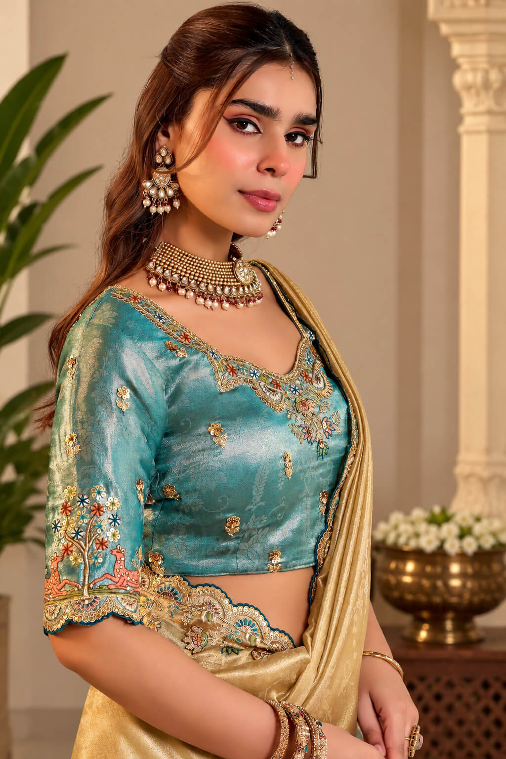 Beige and Blue Hand Work Viscose Saree with Stiched Blouse