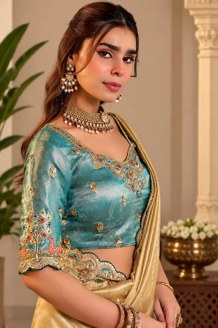 Beige and Blue Hand Work Viscose Saree with Stiched Blouse
