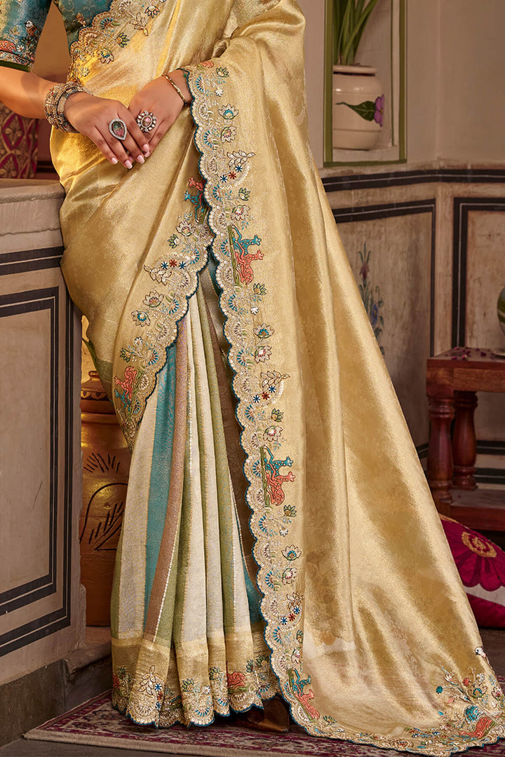 Beige and Blue Hand Work Viscose Saree with Stiched Blouse
