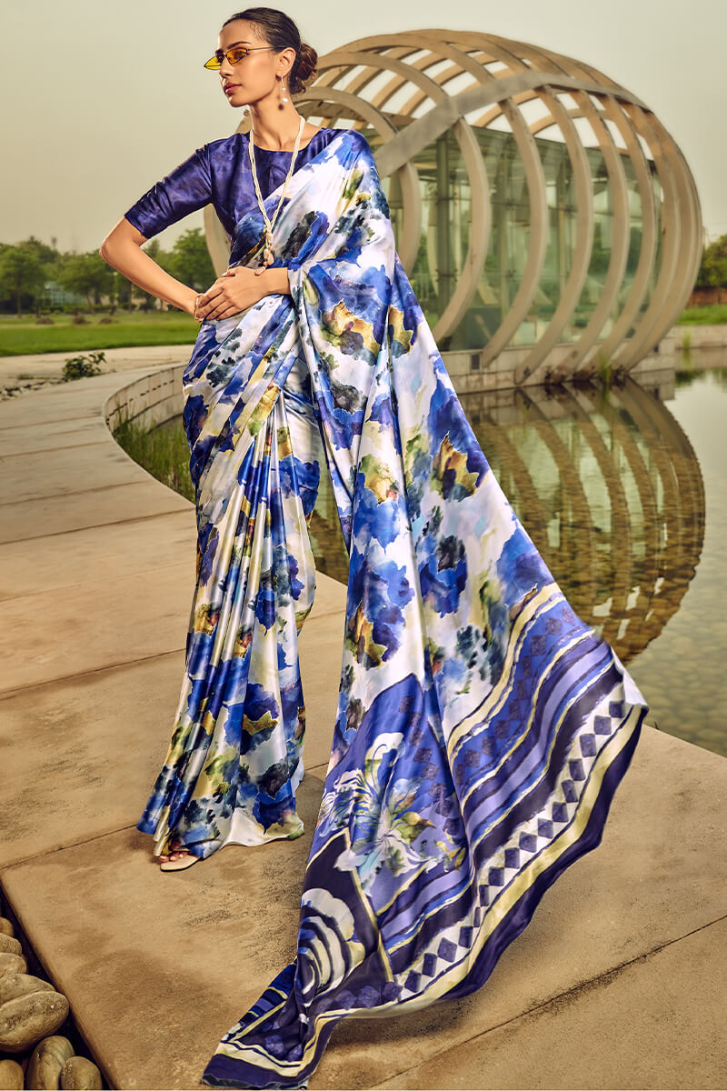 Beige and Blue Printed Satin Silk Saree