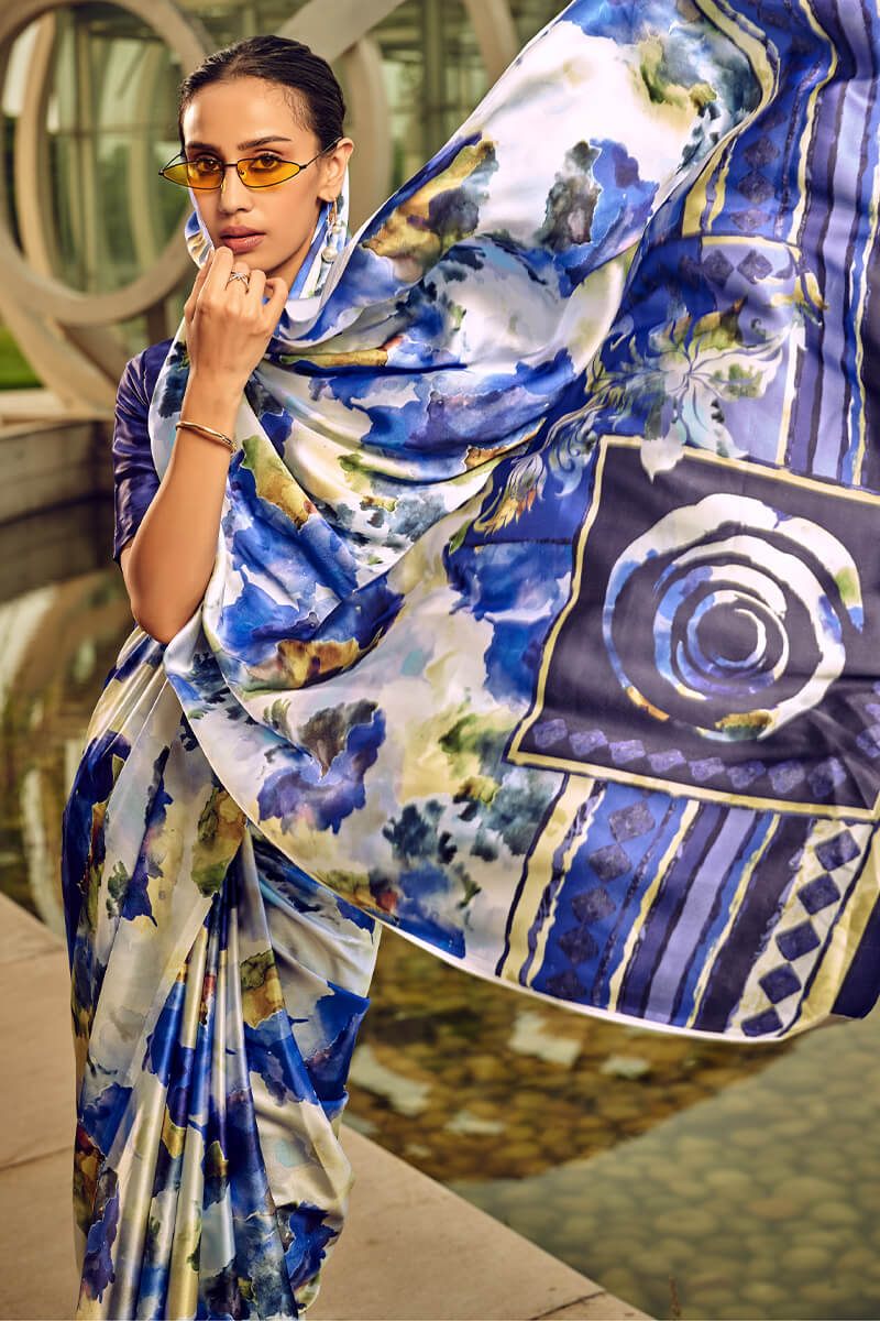 Beige and Blue Printed Satin Silk Saree