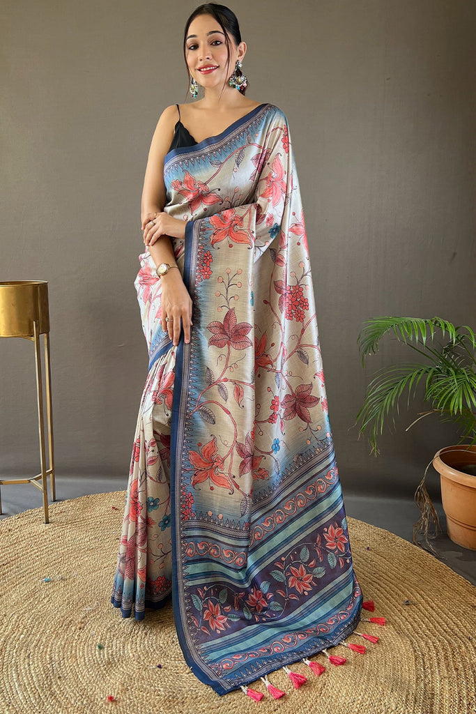 Beige and Blue Printed Soft Silk Saree