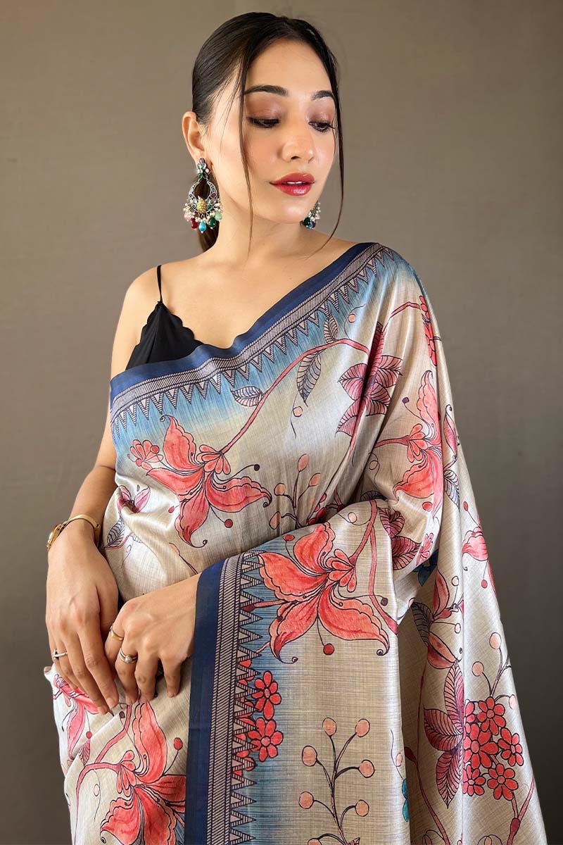 Beige and Blue Printed Soft Silk Saree